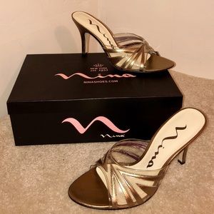 NWOT Nina Geometric Print Leather Sandal Gold/Clear 7.5